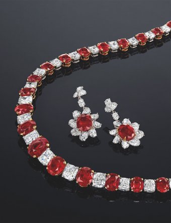 A Pair of Unheated Burmese Pigeon’s Blood Red Ruby and Diamond Pendent Earrings, 4.16 & 3.63 carats (Estimate: HKD 3,200,000 - 4,000,000) An Exceptional Unheated Burmese Ruby and Diamond Necklace, rubies weighing 56.55 carats (Estimate: HKD 9,500,000 - 13,000,000)