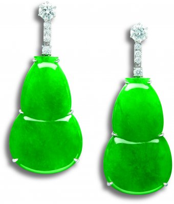 An Impressive Pair of Jadeite 'Double-Gourd' and Diamond Earrings/ Pendants (Estimate: HKD 4,500,000 - 5,500,000)