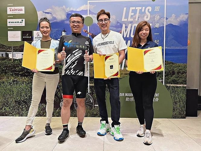 (L-R) Kim Ong Suan Kim, Senior Marketing Manager of FLYPROJECT, Abe Chou, Taiwan Tourism Bureau KL Director, Gary Cheok, Founder of SO CYCLE, Fayth Yam, Club Manager of Athens Fitness Penang