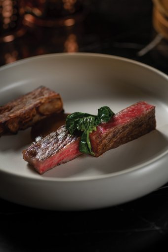 Miyazaki Wagyu with layered yam and sambal hitam.