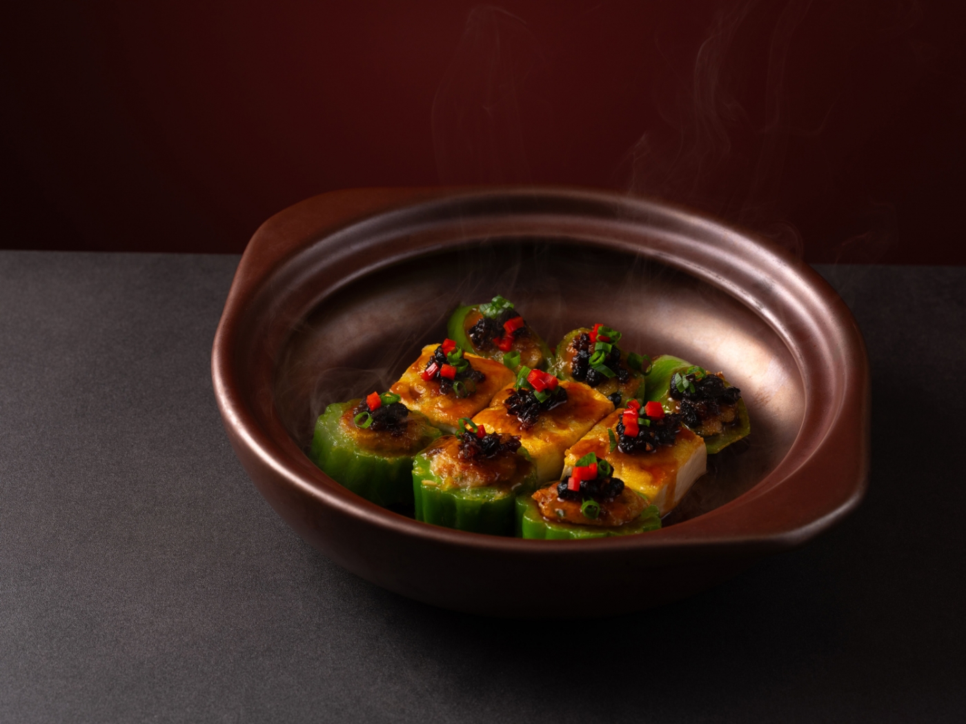 Pan-fried Stuffed Green Pepper, Bitter Melon & Tofu with Minced Pork in “Hakka Style” 客家煎酿三宝