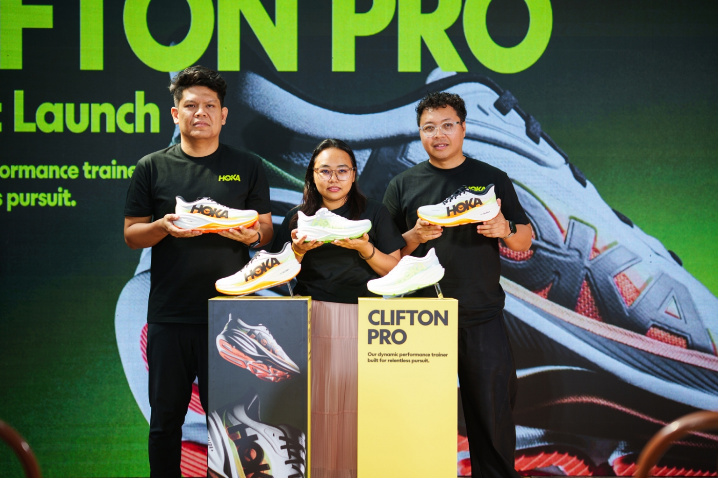 (From left) Azri Haidhar, Country Brand Marketing Lead of HOKA Malaysia; Nelishia Wong, Brand Manager of HOKA Malaysia; and Razis Kamarizan, Sports Marketing Manager of HOKA Malaysia officiating the launch of the HOKA® Clifton PRO in Malaysia.